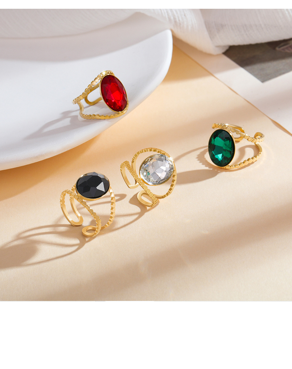 new stainless steel inlaid gem open adjustable ring fashion jewelry