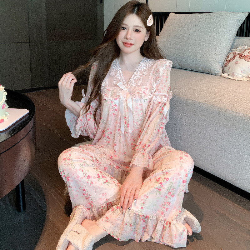 凌蕾春秋新款印色蕾丝花边甜美宽松公主风网纱睡衣套装家居服|undefined