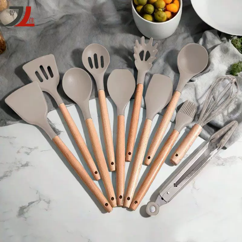 木柄硅胶厨具套装12件套不粘锅烹饪铲勺收纳桶装硅胶厨具家用厨具
