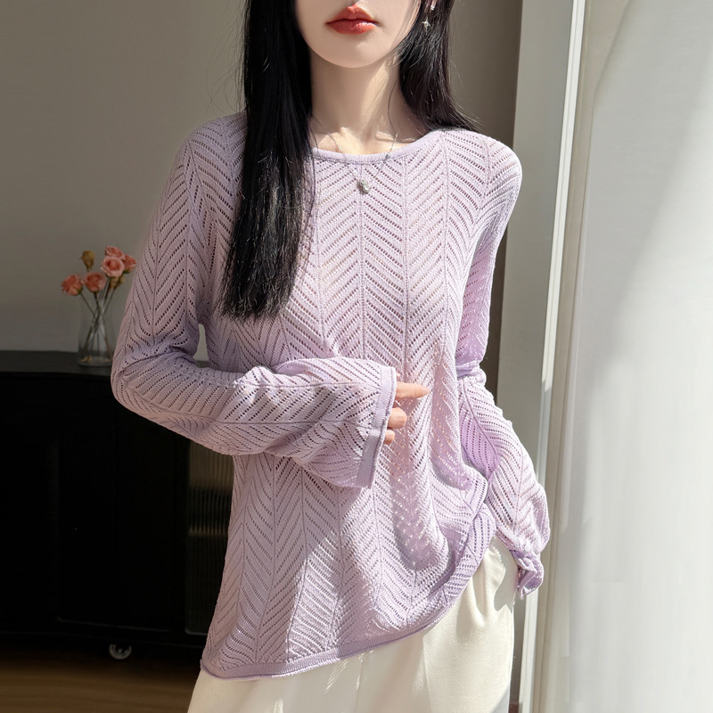 设计感小众一字领脉状镂空微透天丝针织罩衫女春夏新款纯色针织衫
