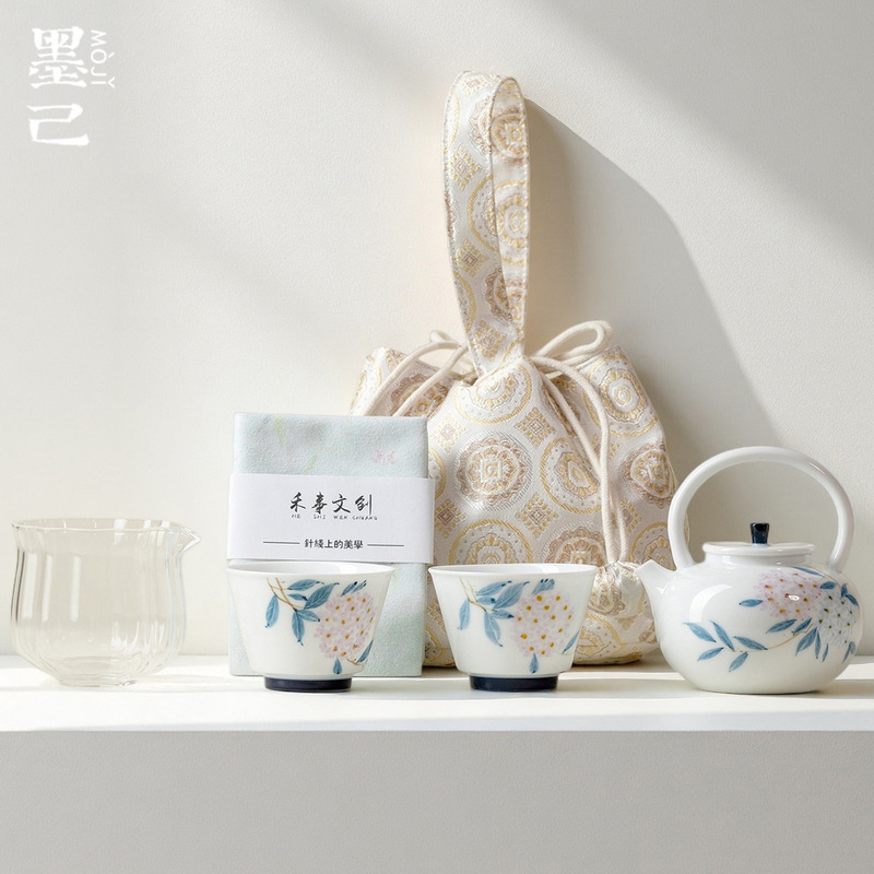 墨己茶事收纳包户外茶具一壶两杯手绘绣球花便携收纳旅行茶具套装|undefined