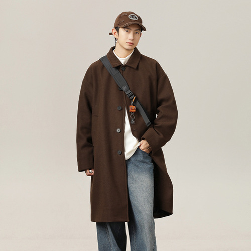 Men's Double-Faced Wool Coat, Mid-Length, Knee-Length, Windproof, Autumn/Winter, Japanese Style, Loose, Thickened, Collar Overcoat