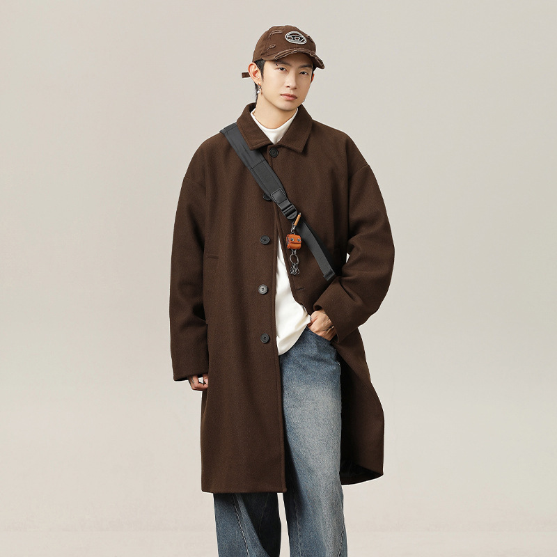 Thick Woolen Coat, Mid-Length, Over-The-Knee, Windproof, Autumn and Winter, Japanese Style, Loose Fit, Lapel, Casual Jacket Q
