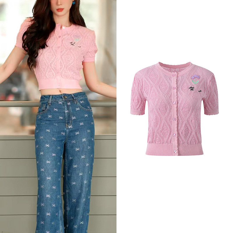 2026 Summer New French Style Hollow-Out Embroidered Crochet Short-Sleeve Slim-Fit Slimming Knit Cardigan Top 2026 Summer New French Style Hollow-Out Embroidered Crochet Short-Sleeve Slim-Fit Slimming Knit Cardigan Top
