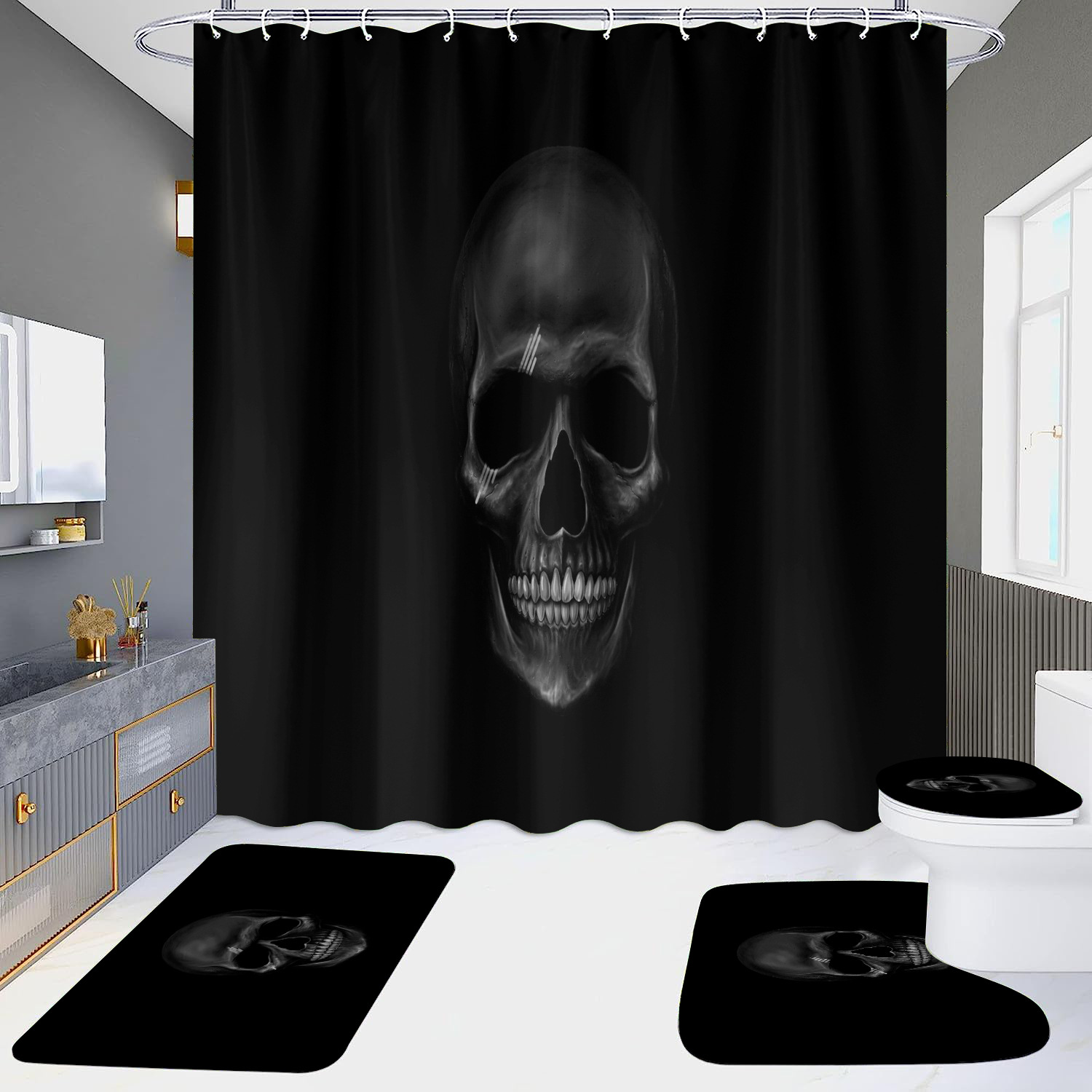 Cortina de ducha de suministro directo transfronterizo conjunto de cuatro piezas hd impermeable sin perforaciones baño hotel baño partición cortina wansheng cráneo