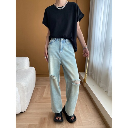 Si Nan blogger's favorite Nordic loose slim and versatile round neck curled short-sleeved T-shirt design sense SN5796