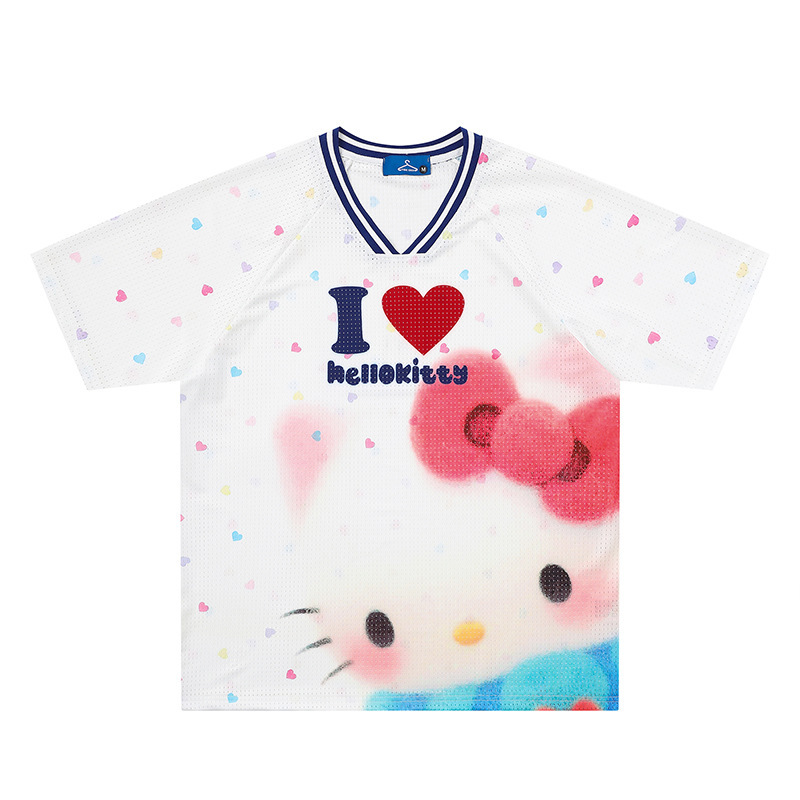 American-Style Heart-Printed Fun Hello Kitty Short-Sleeved T-Shirt for Women, Summer Loose Casual Sports Mesh Couple Top American-Style Heart-Printed Fun Hello Kitty Short-Sleeved T-Shirt for Women, Summer Loose Casual Sports Mesh Couple Top