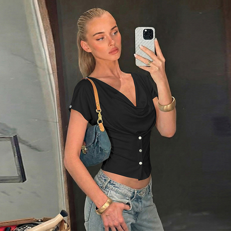 Women's Clothing American Style Slim Fit Short Sleeve T-Shirt Niche Oval Neck Fashion Hot Girl Top New_ecoleips.com