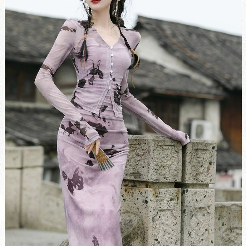 Лето и осень, новый дизайн в национальном стиле в китайском стиле, красивый фиолетовый улучшенный Cheongsam, платье для похудения с чернильными пятнами для вас