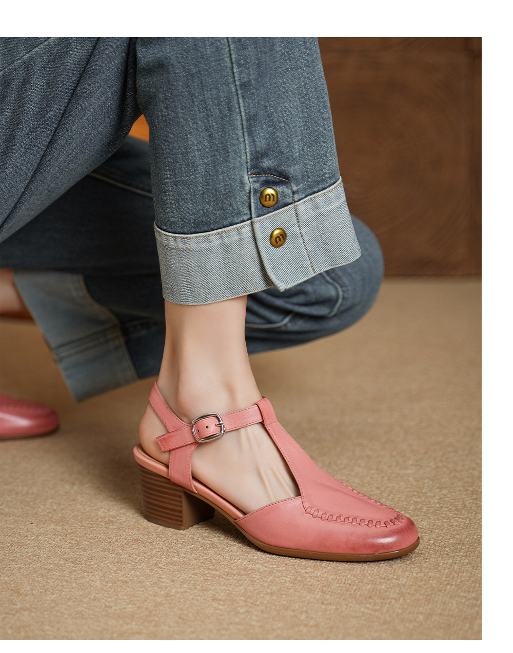 Sandal nữ mũi nhọn quai chữ T da bò gót 5 cm phong cách vintage — Màu hồng chi tiết 6