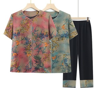 Grandma Summer suit Women's Middle-aged and Elderly Short-sleeved Cardigan Mother Summer Two-piece Casual Elderly Clothes Pocket