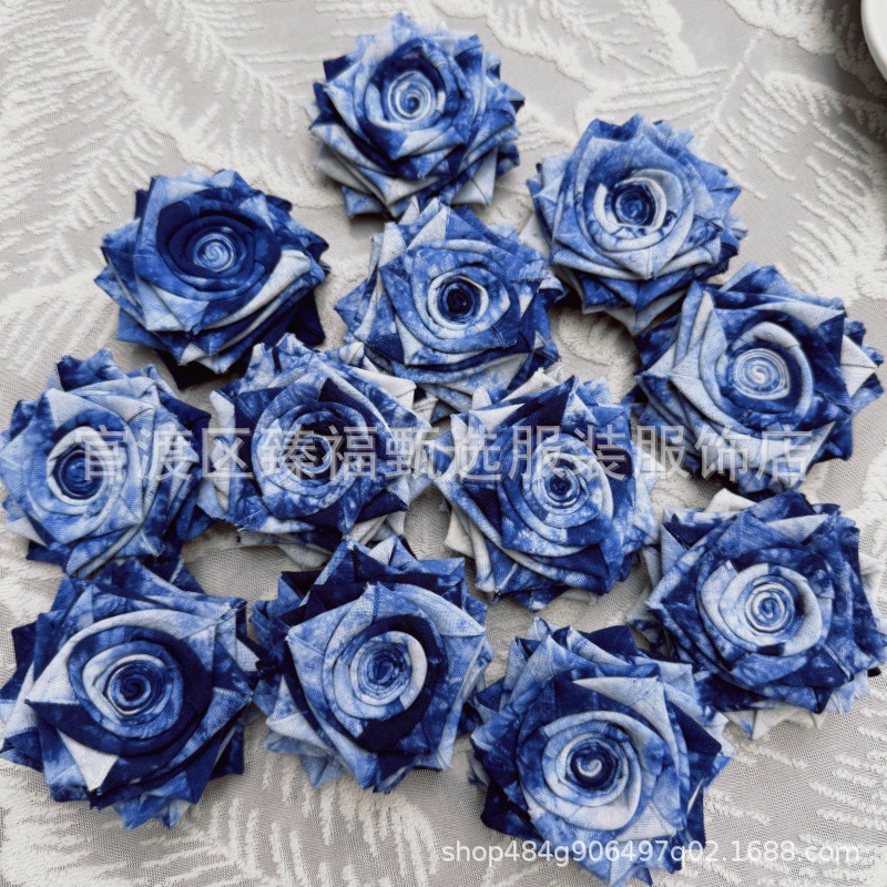 Tie-Dye Blue Dyed Fabric Handmade Rose Bud 3D Flower Hairpin Brooch Hair Accessory Gift