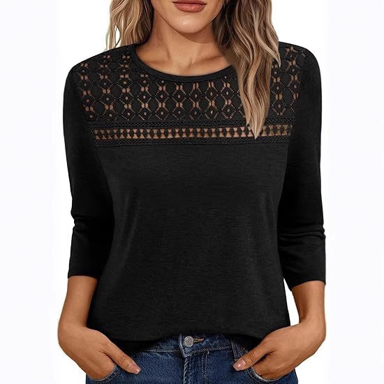 Amazon European and American Cross-Border 3/4 Long-Sleeved Women's Tops Lace Cut Out Business Casual Round Neck Spring and Summer Long-Sleeved Women