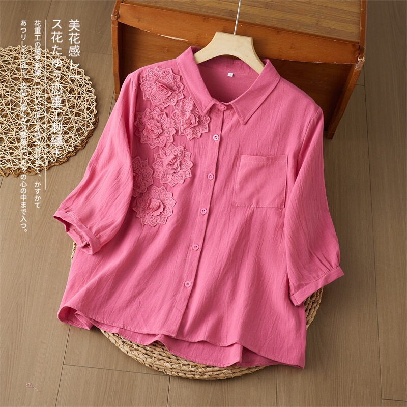 Lapel Collar Faux Linen Shirt for Women with Lace 3D Corsage, Stylish and Elegant Blouse with Three-Quarter Sleeves, New Summer Artistic Top