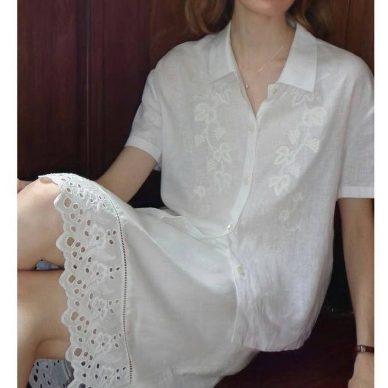 2025Ss Classy 100 Natural Linen Heavy Embroider White Short-Sleeved Shirt for Women
