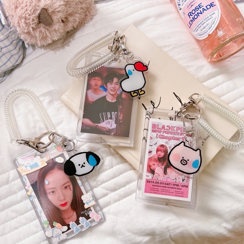 Bus card holder for girls, student card case with strap, adjustable, campus, office, transparent accessories, cartoon keychain, trendy
