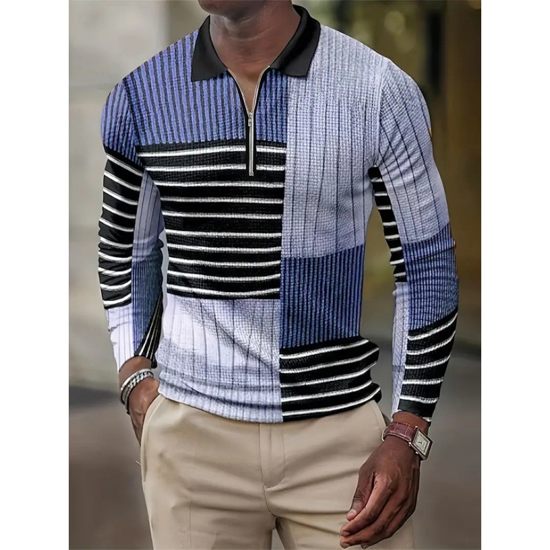 Abstracto geométrico contraste raya 3D estampado hombre calle suelta solapa primavera y otoño cremallera de manga larga camisa POLO