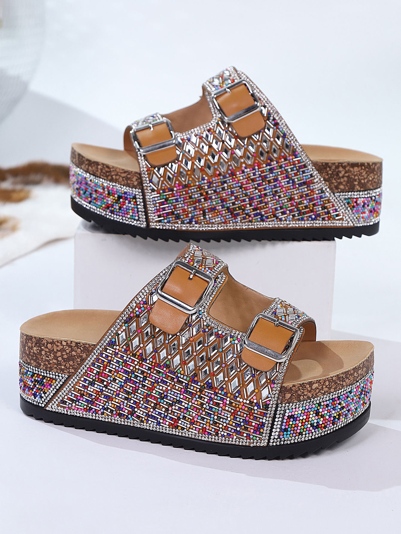 Women's Rhinestone Cork Beach Sandals With Double Buckle Sole_voghion.com
