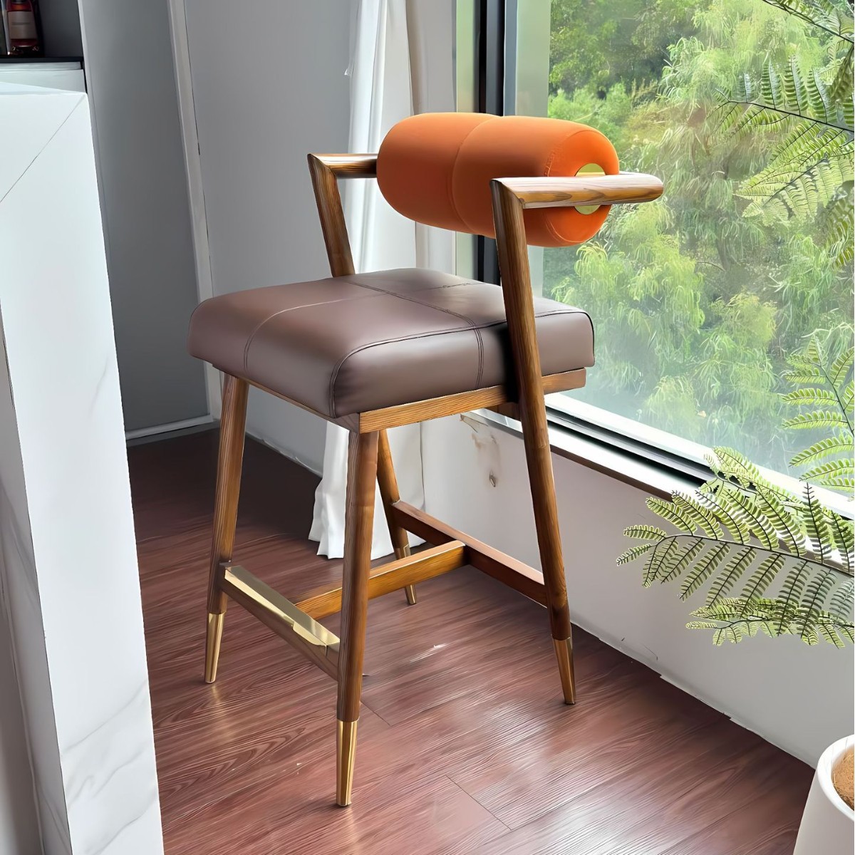 Foreign Trade Designer High-End Custom Solid Wood Bar Stool for Home Bar, Restaurant Island, Bar Counter, Stainless Steel Bar Chair