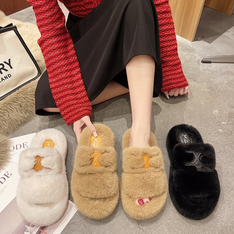 Furry slippers for women's outer wear thick-soled slippers women's wedge heels 2022 new autumn and winter home double-sided cotton slippers_voghion.com