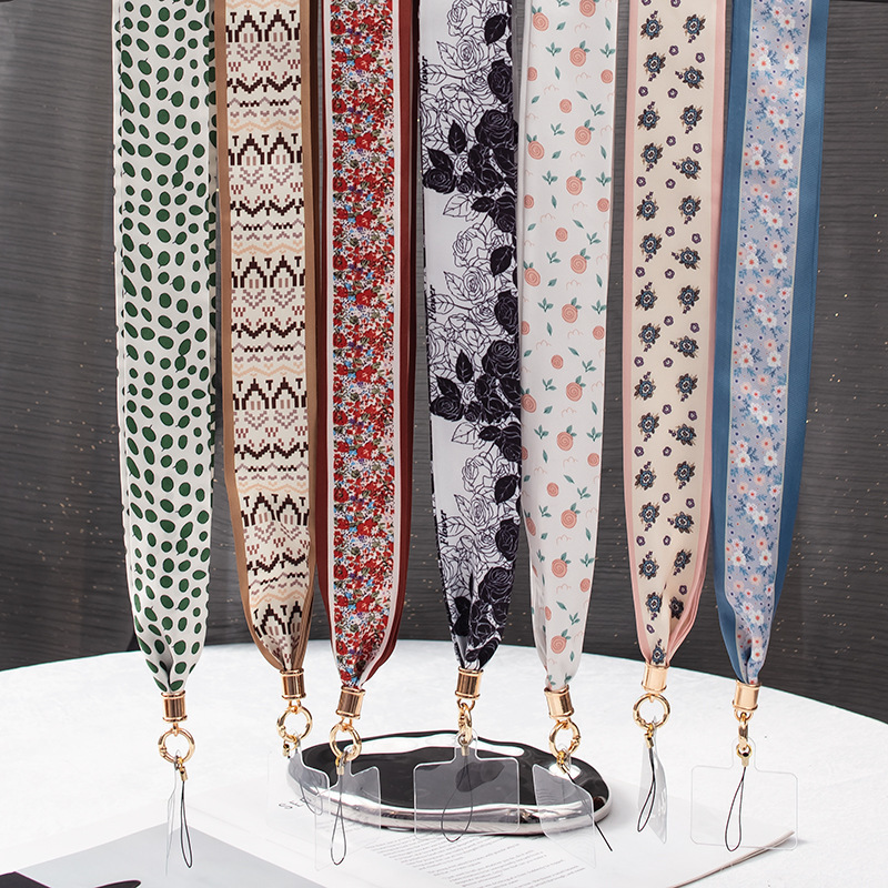 New Silk Scarf Mobile Phone Lanyard Universal Anti-Lost Rope Chain Women's Accessible Luxury Long Keychain Silk Scarf Lanyard Accessories