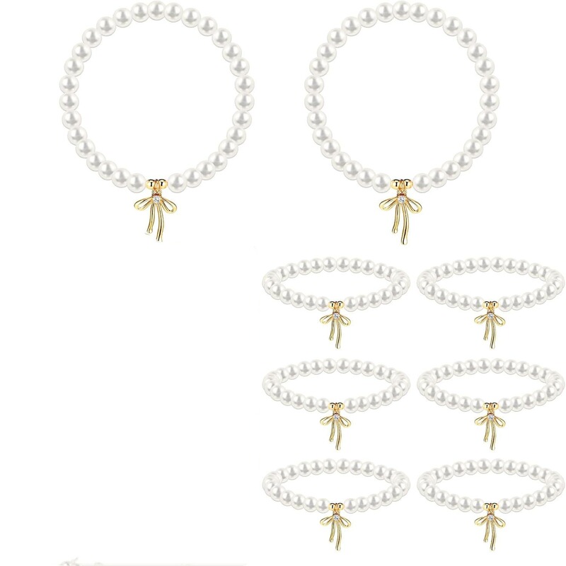 8-Piece Set of Pearl Bow Bracelets for Female Bridesmaids, Proposal Gifts, Bulk Gold Bow Bridal Charm Jewelry