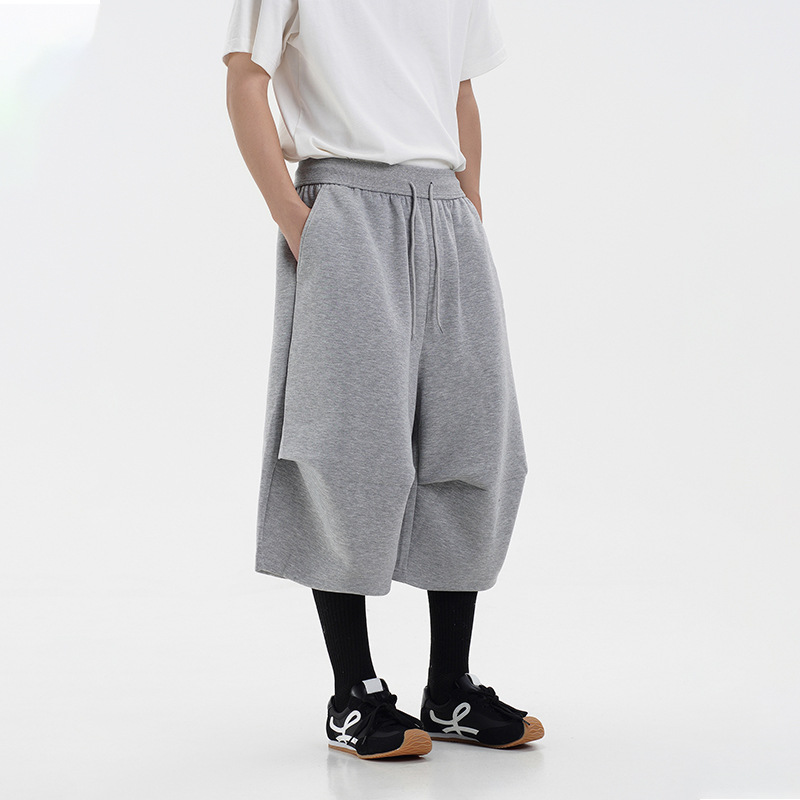 Light Gray Heavyweight Wide-Leg Sports Sweatpants Men's Summer Shorts American Trendy Brand Loose Silhouette Scimitar Cropped Pants