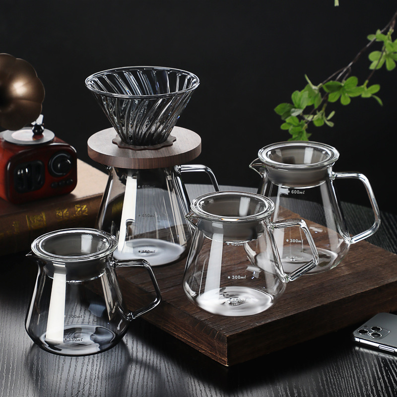 Coffee Pot Made of High Borosilicate Heat-Resistant Glass, Suitable for Hand-Brewed Coffee, Moka Pot with Wooden Stand and Filter Funnel, Customizable with Logo