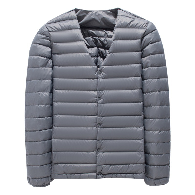 2024 nueva chaqueta de plumón ligera y delgada para hombre forro cálido de plumón sin cuello de gran tamaño con cuello redondo y cuello en V delgado