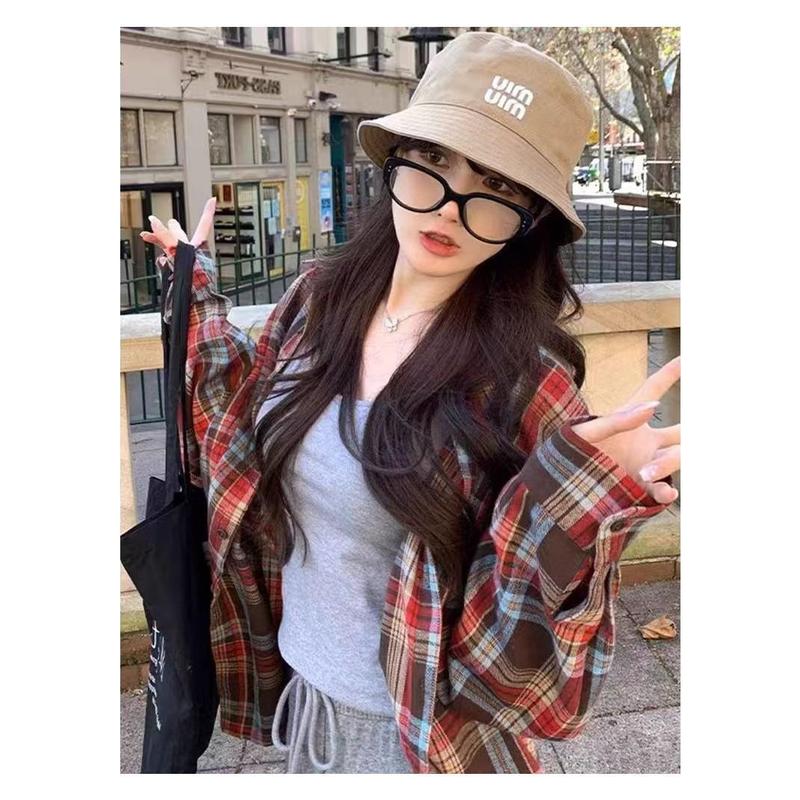 春季格子衬衫女韩版慵懒时尚宽松显瘦百搭开衫休闲外套女装粉色|undefined