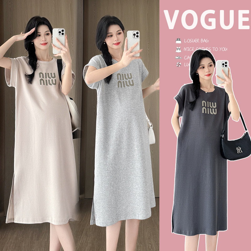 Pregnant Women's Summer T-shirt Mid-length Skirt Summer plus size Printed Top High-end Fashion Outer Wear dress