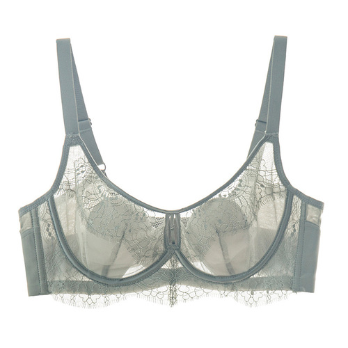 Underwear women's rabbit ear cup French lace bra set soft steel ring mulberry silk lining thin style big breasts show small bra