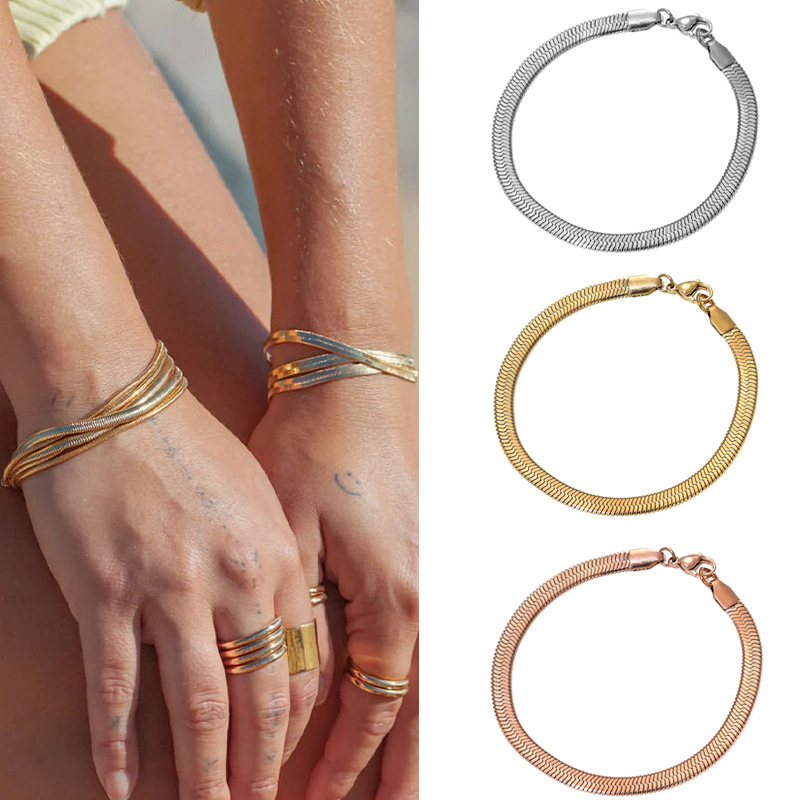 Snake Bone Chain Simple Bracelet Women's Fine Stainless Steel 14K Vacuum Plated Non-Fading Cross-Border Flat Snake Chain Bracelet 345mm Snake Bone Chain Simple Bracelet Women's Fine Stainless Steel 14K Vacuum Plated Non-Fading Cross-Border Flat Snake Chain Bracelet 345mm