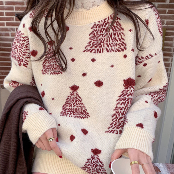 Korean Style Loose Slim Round Neck Super Popular Autumn and Winter Long-Sleeved Snowflake Christmas and New Year Knitwear Women's Warm Outer Knitwear