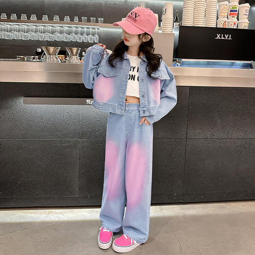 Girls' Little Fragrance Suit 2024 Spring Outfits Older Children's Dopamine Jacket Wide Leg Pants Two-piece Denim Suit Trendy