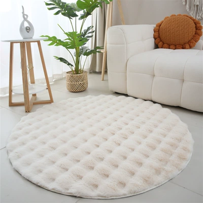 Cream Style Thickened Round Plush Carpet Master Bedroom Bedside Blanket Dressing Table Cloakroom Simple Living Room Coffee Table Mat (Car Carpet) - off-white-bubble-velvet-with-999-non-shedding-rate-diameter-60cm