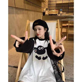 【200克双磨牛奶丝】小羊肖恩插肩长袖T恤女宽松大版纯棉打底体恤