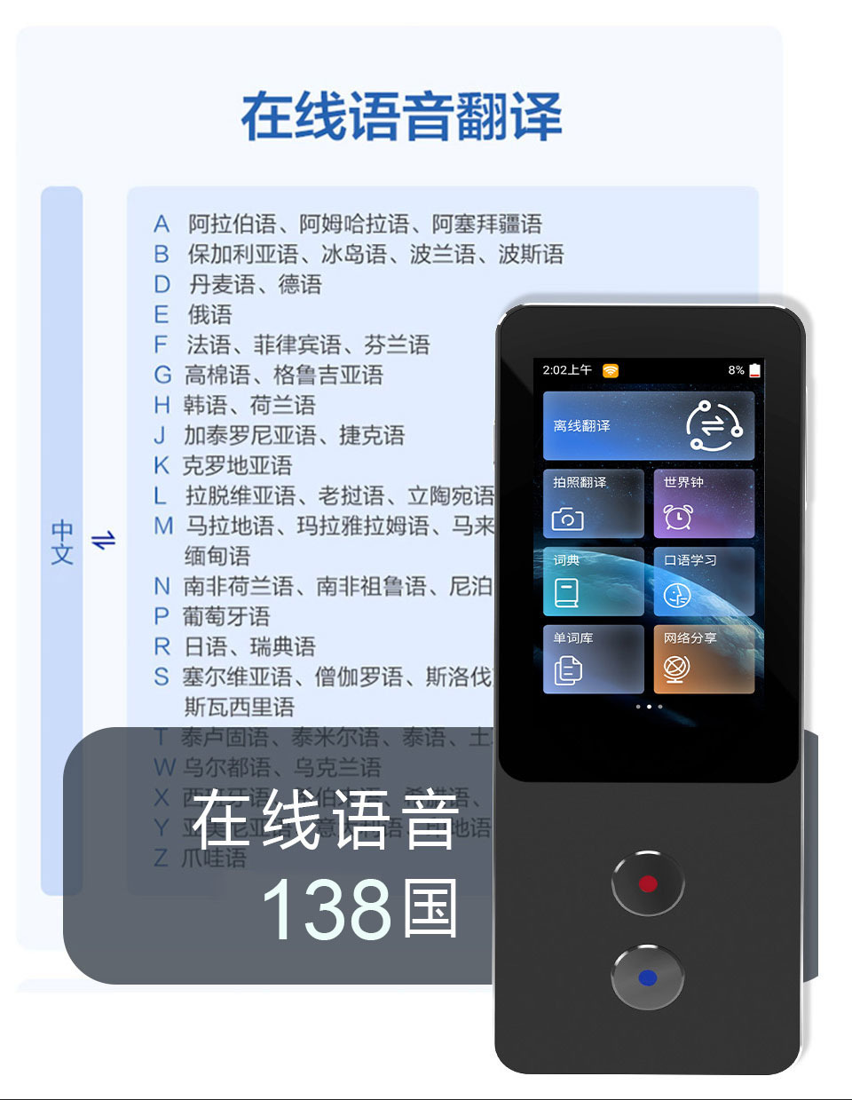 跨境离线138国语言翻译机便携式翻译器翻译耳机多国语言离线语
