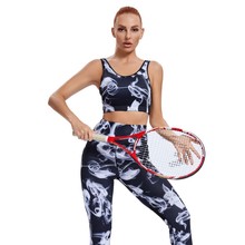 INS欧美跨境女迷彩扎染印花紧身健身房跑步瑜伽服套装两件套