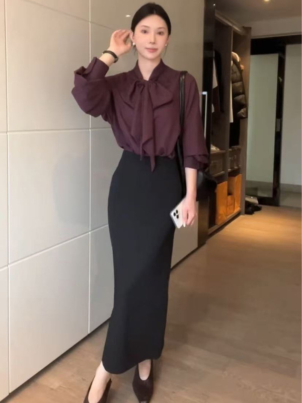 时尚通勤蝴蝶结系带领长袖衬衫女高级感气质小资别致修身百搭上衣|undefined