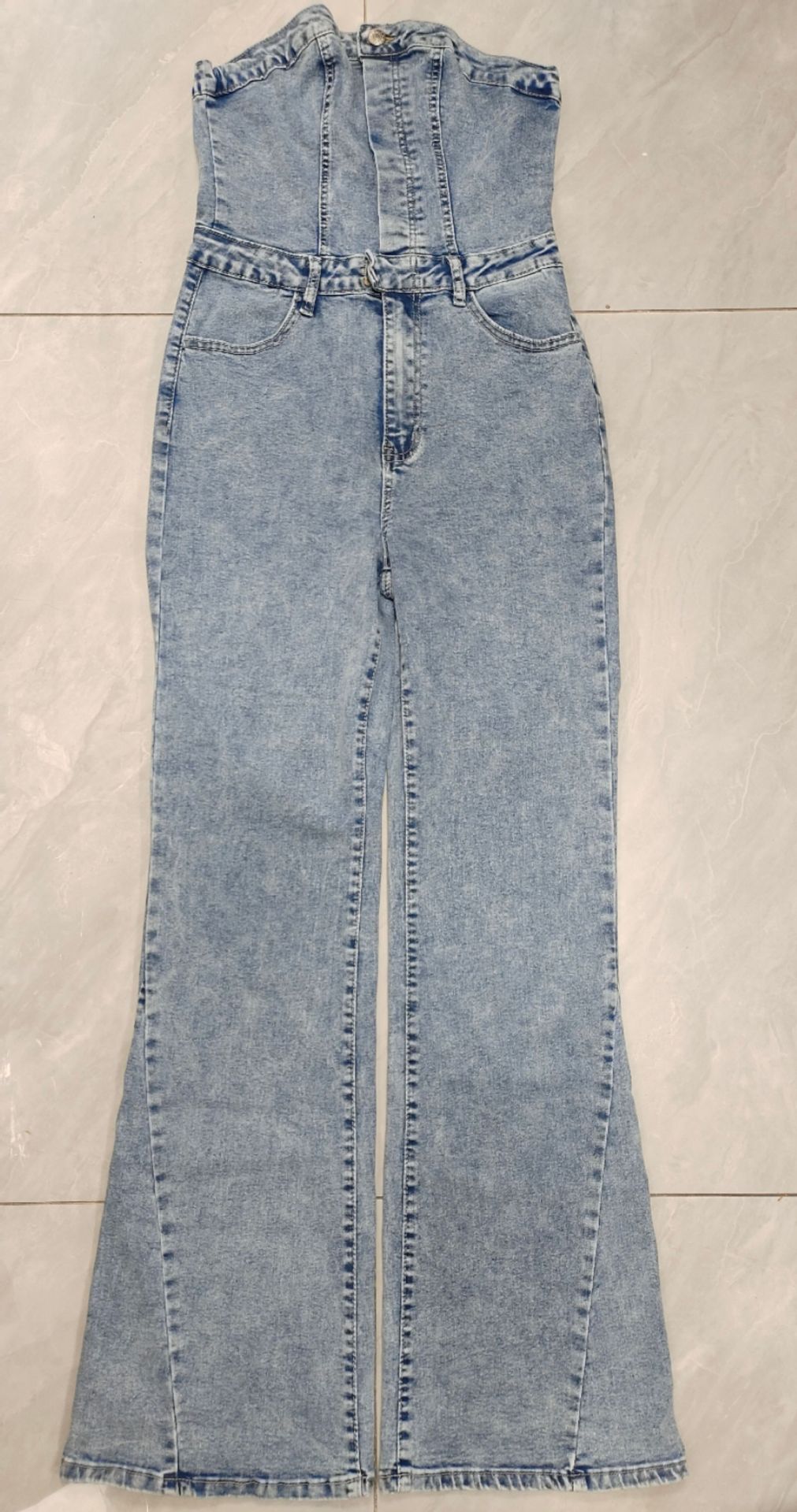 Vintage Denim Jumpsuit For Women - High-Waisted Flared Romper With Stretch, Off-Shoulder Boob Tube Design_ecoleips.com