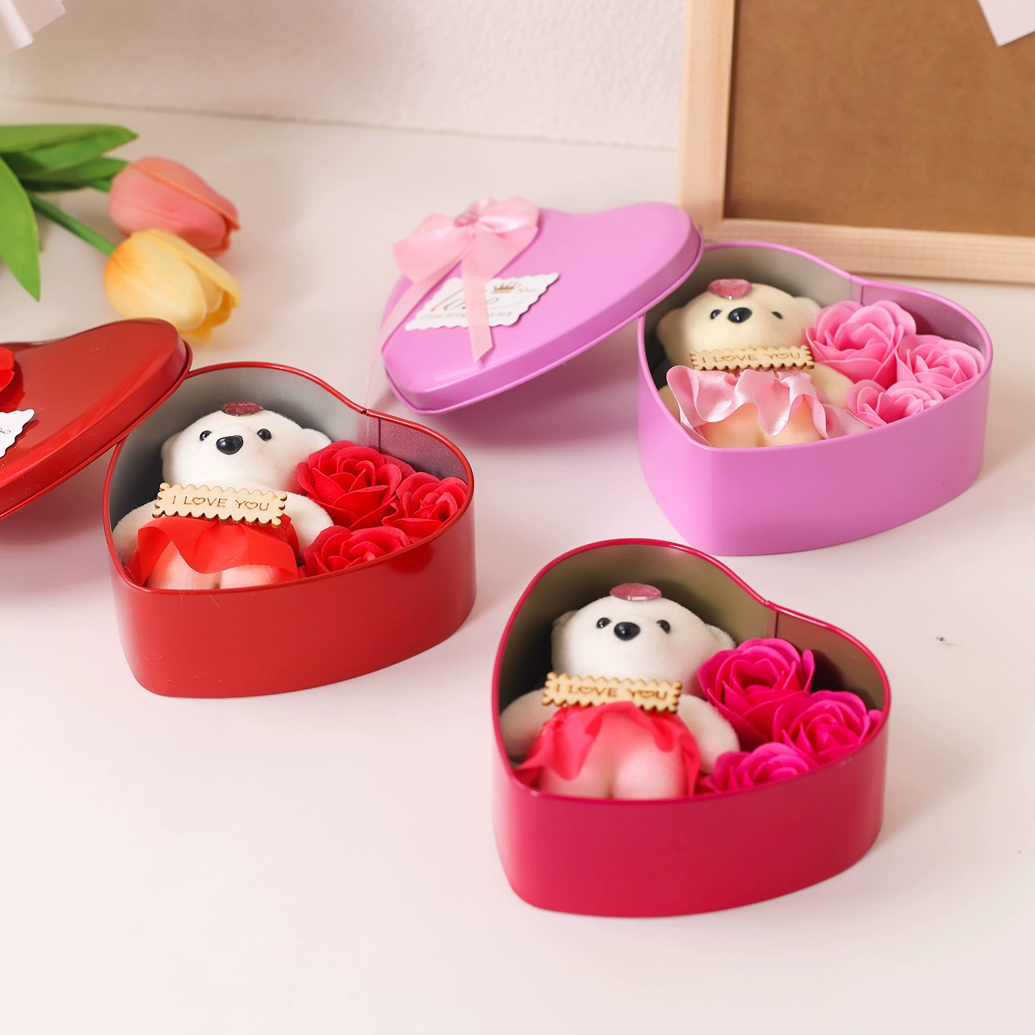Tin box, soap for St. Valentine's Day contains rose, Birthday gift