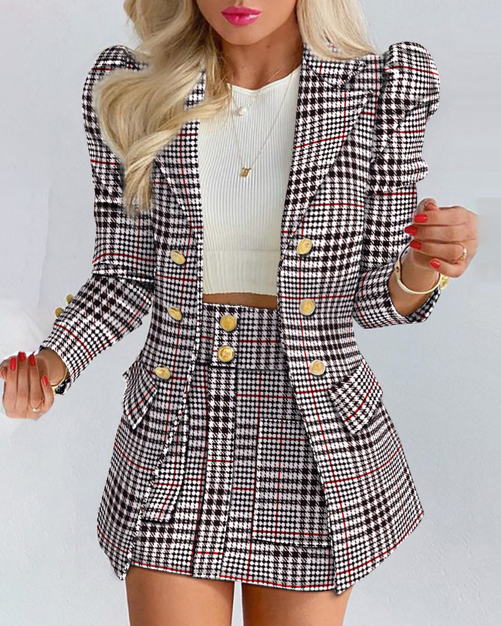 Conjunto de blazer y falda con estampado floral para mujer_voghion.com