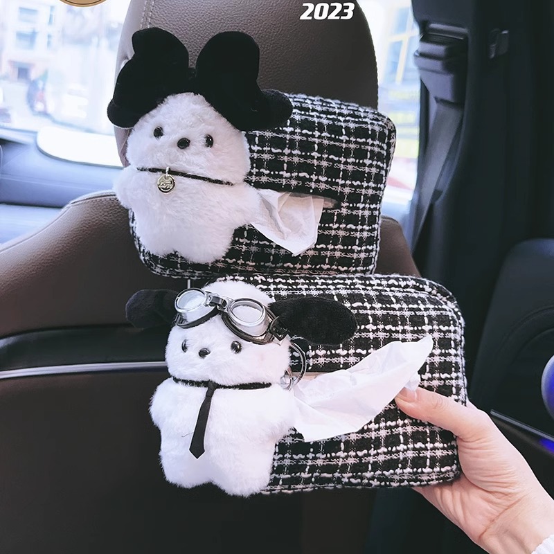 Muñeca de felpa de dibujos animados caja de pañuelos para coche colgante en el coche lindo Pacha dog decoración de coche bolsa de almacenamiento fragancia image 3