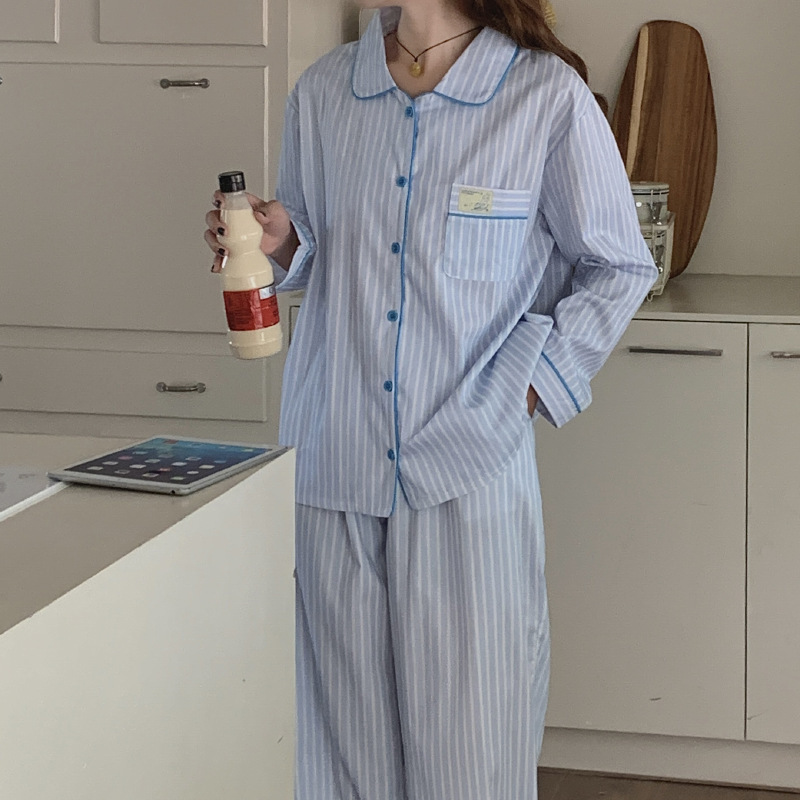 South Korea real shot blue striped pajamas women's long sleeve autumn high twill cotton lapel home wear ins style new