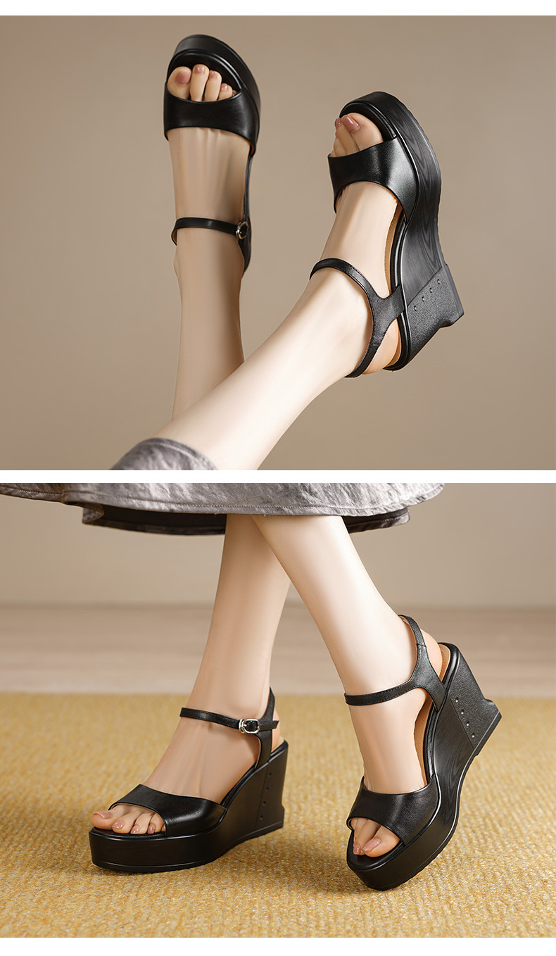 Sandal nữ da bò cao cấp quai ngang mũi hở gót nêm đế platform — màu đen, màu trắng ngà chi tiết 3
