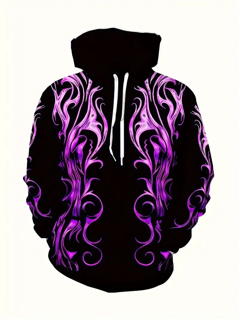 Pull à capuche 3D pour homme, imprimé numérique, motif éclair et flamme, manches longues._voghion.com