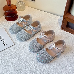 2025 Summer Children's Baotou Small Leather Shoes Rhinestone Bow Korean Style Fashionable Princess Half Sandals Performance Shoes
