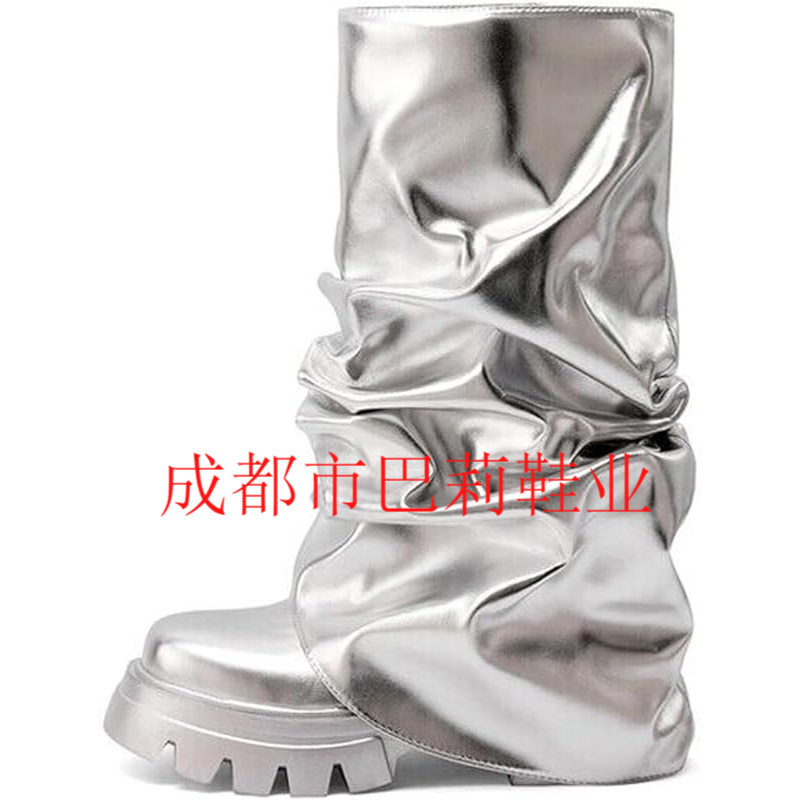 女式折叠靴休闲靴宽小腿褶皱防水台靴红色中高靴子厚实叠层靴大码|undefined