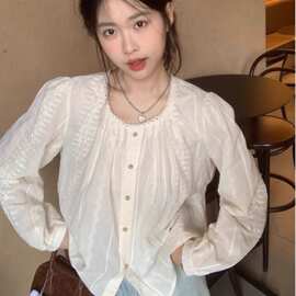 法式刺绣蕾丝衬衫女秋季新款圆领泡泡袖简约宽松百搭长袖衬衣